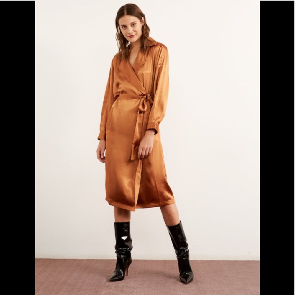 Sleek Copper Satin Wrap Midi Dress